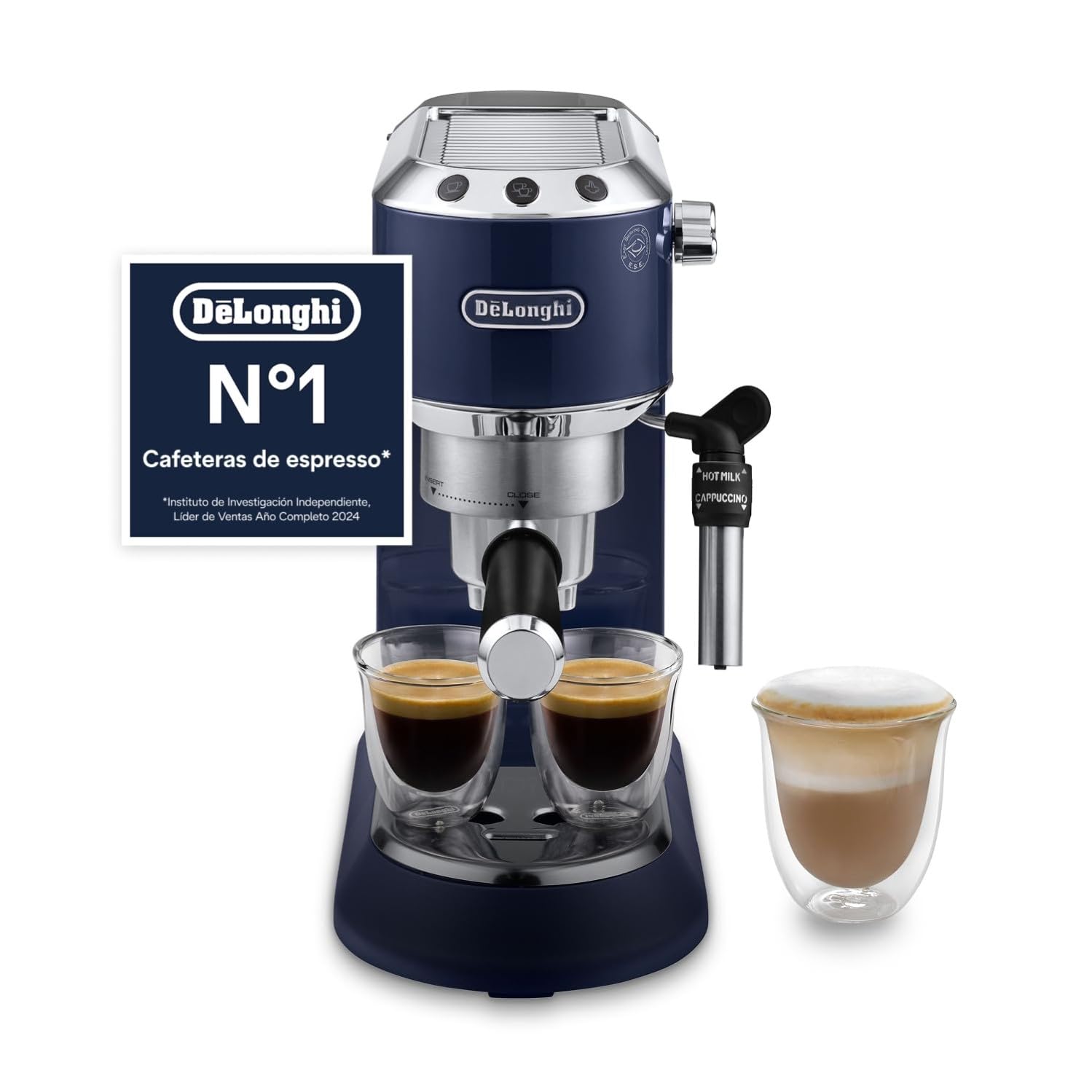 NuvoCafe Dedica Style - Perfetto Machine à Expresso Compacte, Mousseur de Lait Manuel pour Expresso et Cappuccino, Bleu