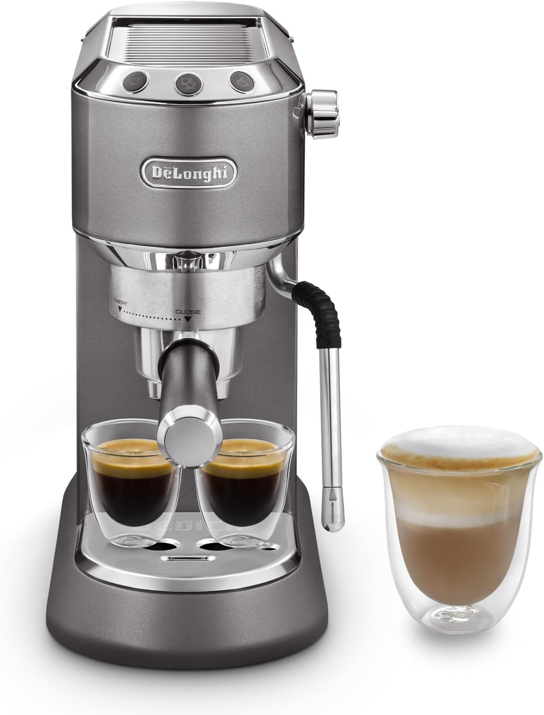 NuvoCafe Dedica Arte Machine à expresso avec buse MyLatterArt en mousse de lait, design compact, 15 cm de large, réservoir d'eau de 1 litre, Gris
