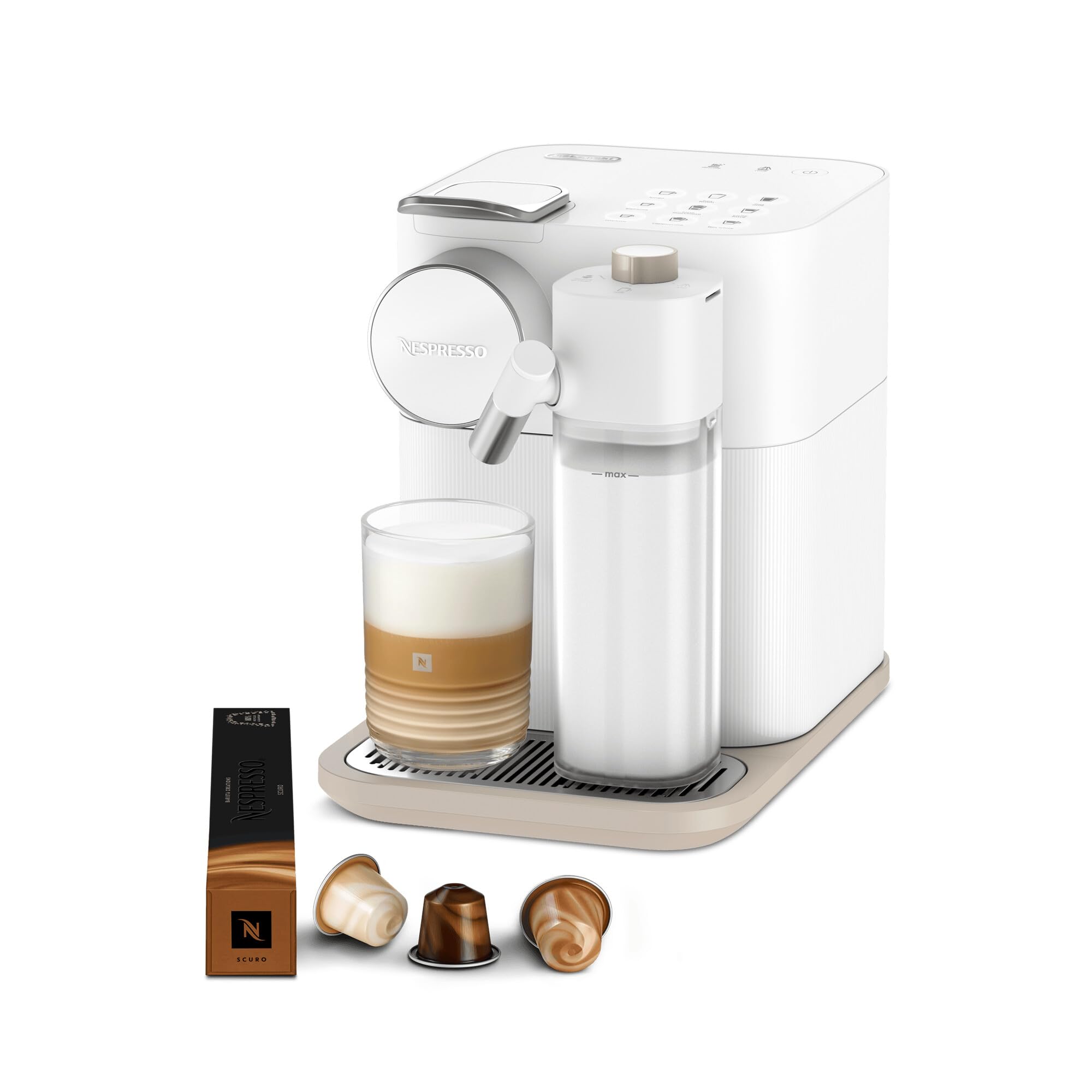 NuvoCafe Machine à café Gran Lattissima Blanche, 19 Bars + Kit de Bienvenue, Design Compact, Expresso, Lungo et Recettes Lactées, Arrêt Automatique, Blanc