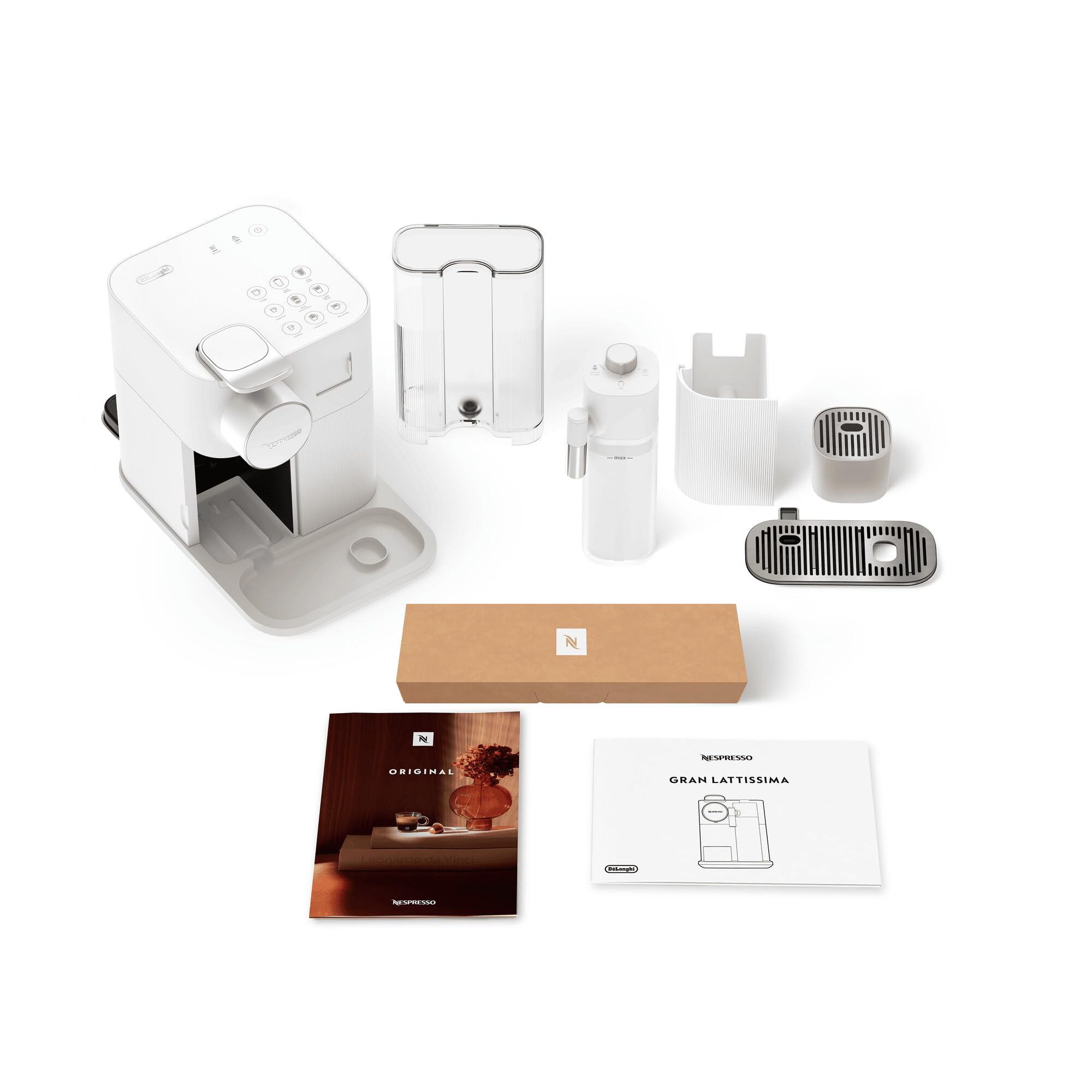 NuvoCafe Machine à café Gran Lattissima Blanche, 19 Bars + Kit de Bienvenue, Design Compact, Expresso, Lungo et Recettes Lactées, Arrêt Automatique, Blanc