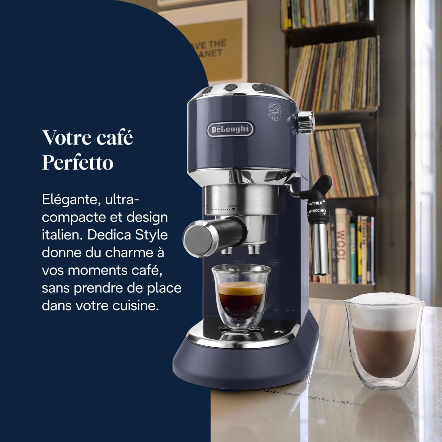 NuvoCafe Dedica Style - Perfetto Machine à Expresso Compacte, Mousseur de Lait Manuel pour Expresso et Cappuccino, Bleu