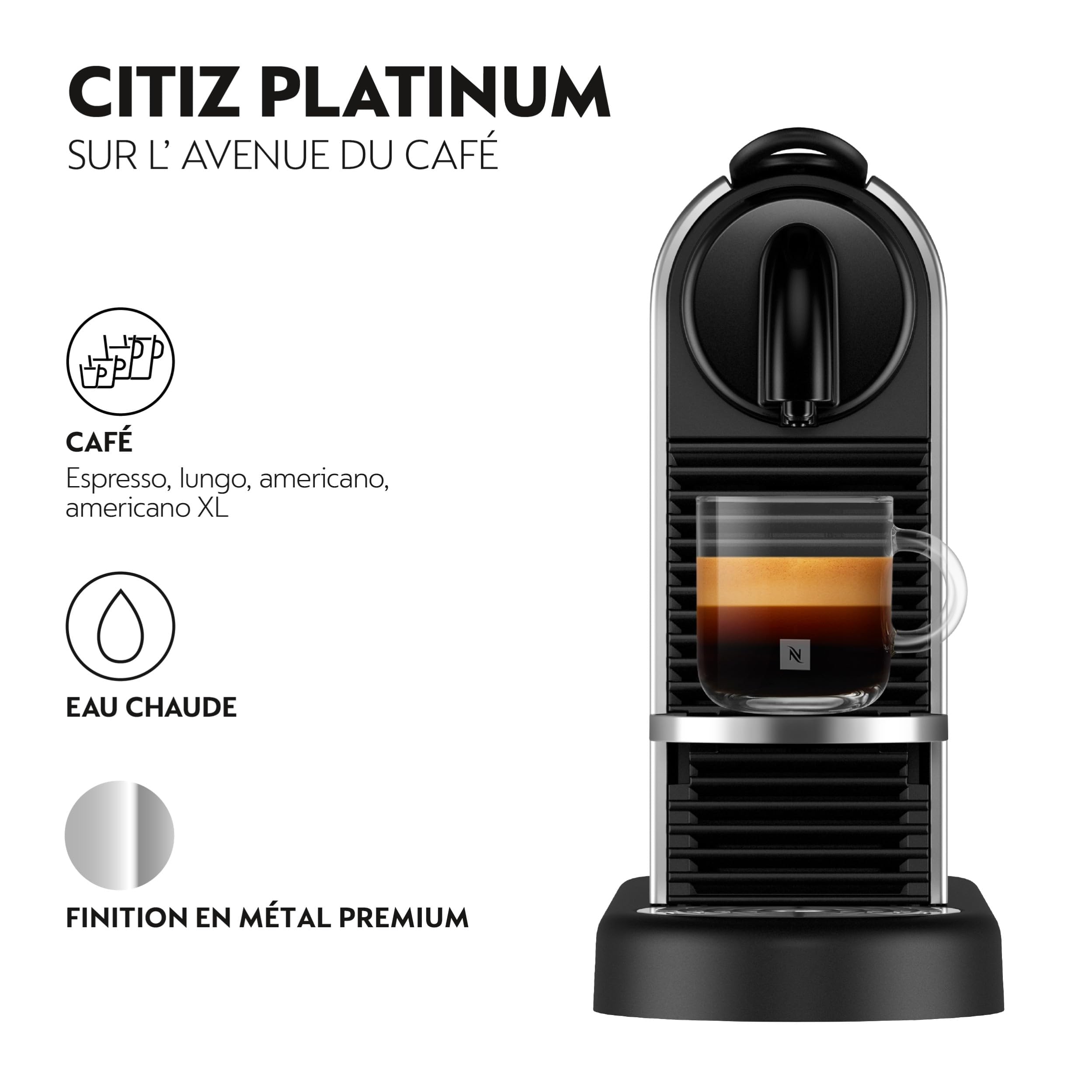 NuvoCafe Machine à Café Citiz Argent, 19 Bars + Kit de Bienvenue, Design Moderne, Expresso, Lungo et Americano, Arrêt Automatique,