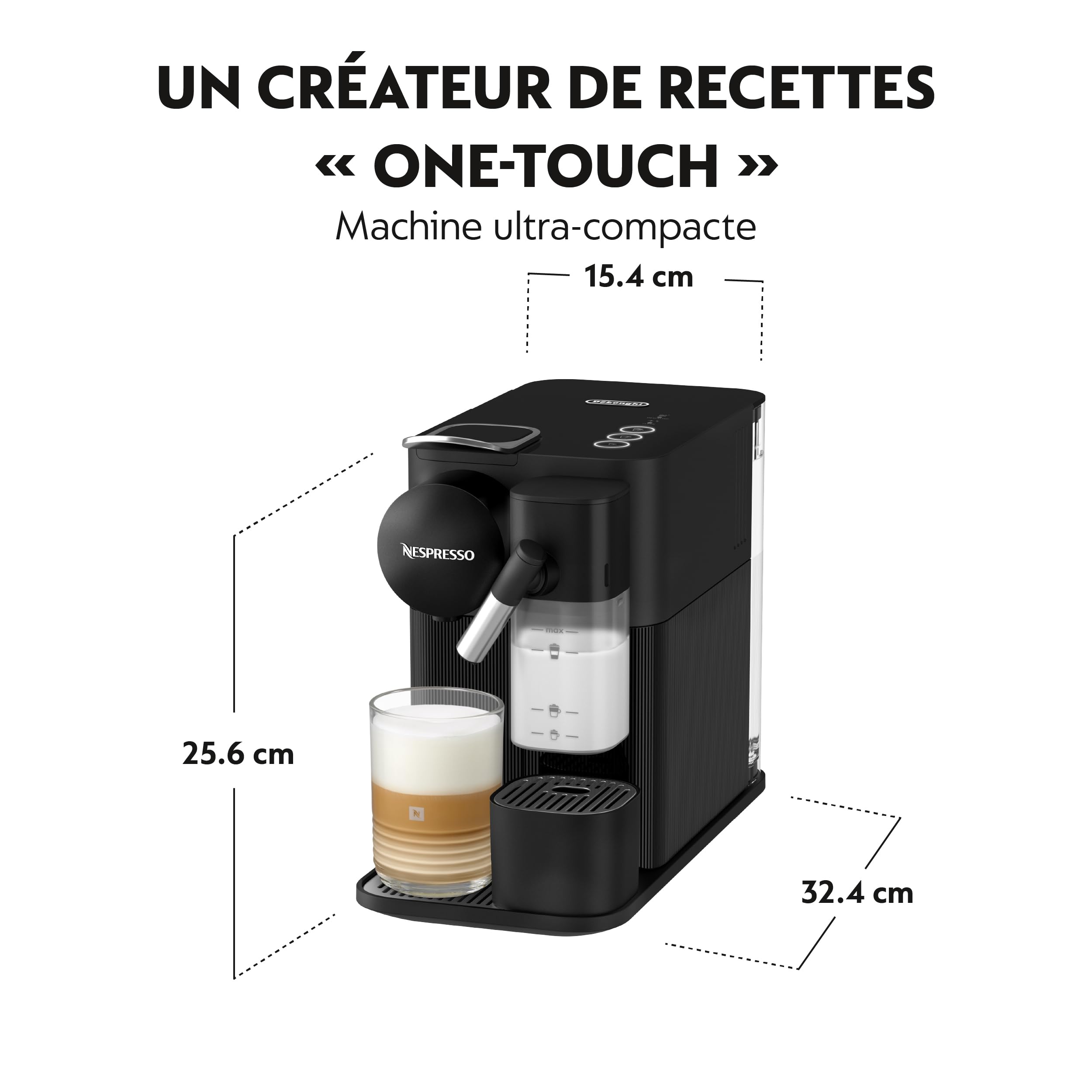 NuvoCafe Machine à café Lattissima One Noir, 19 Bars + Kit de Bienvenue, Design Compact, Expresso, Lungo et Recettes Lactées, Arrêt Automatique, Noir