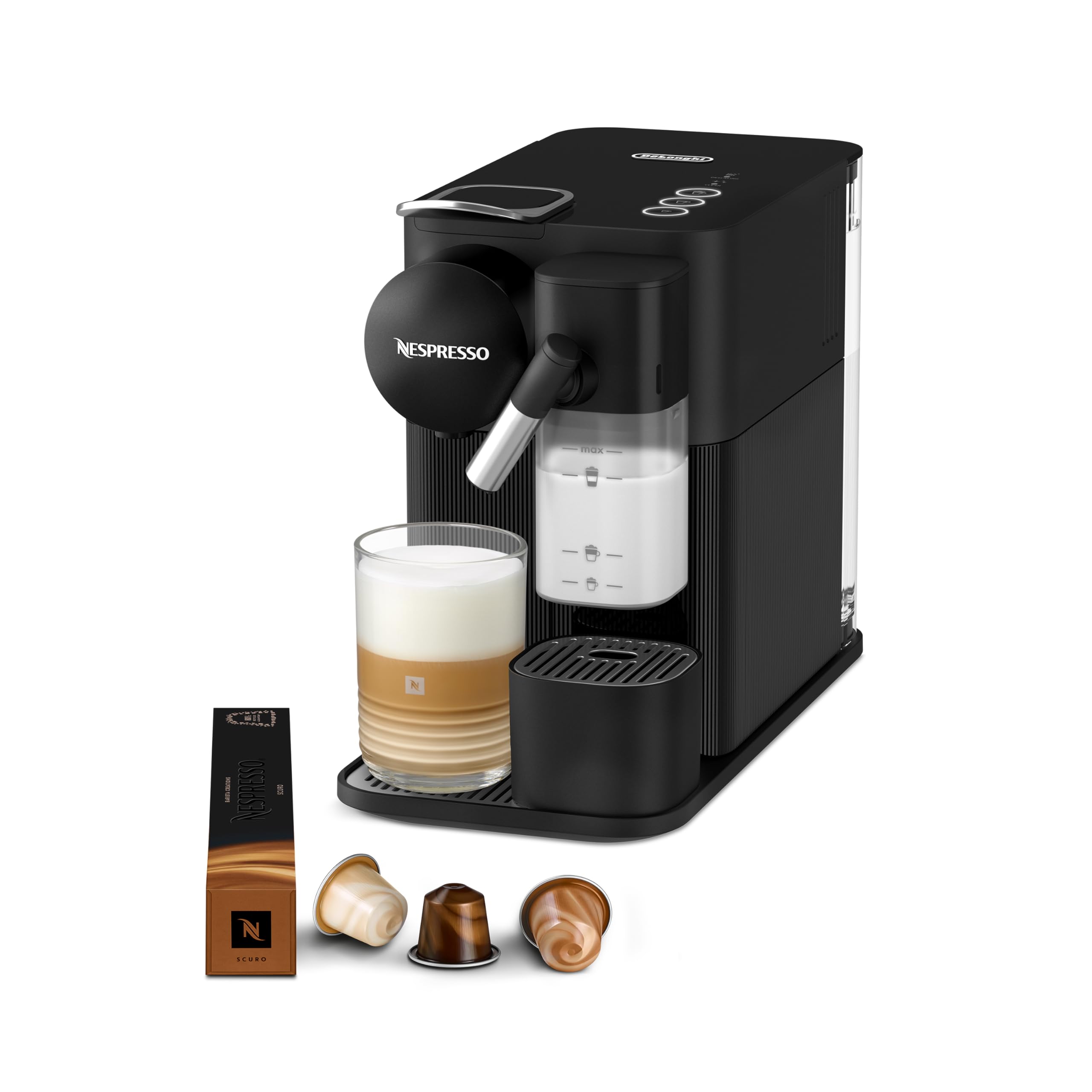 NuvoCafe Machine à café Lattissima One Noir, 19 Bars + Kit de Bienvenue, Design Compact, Expresso, Lungo et Recettes Lactées, Arrêt Automatique, Noir