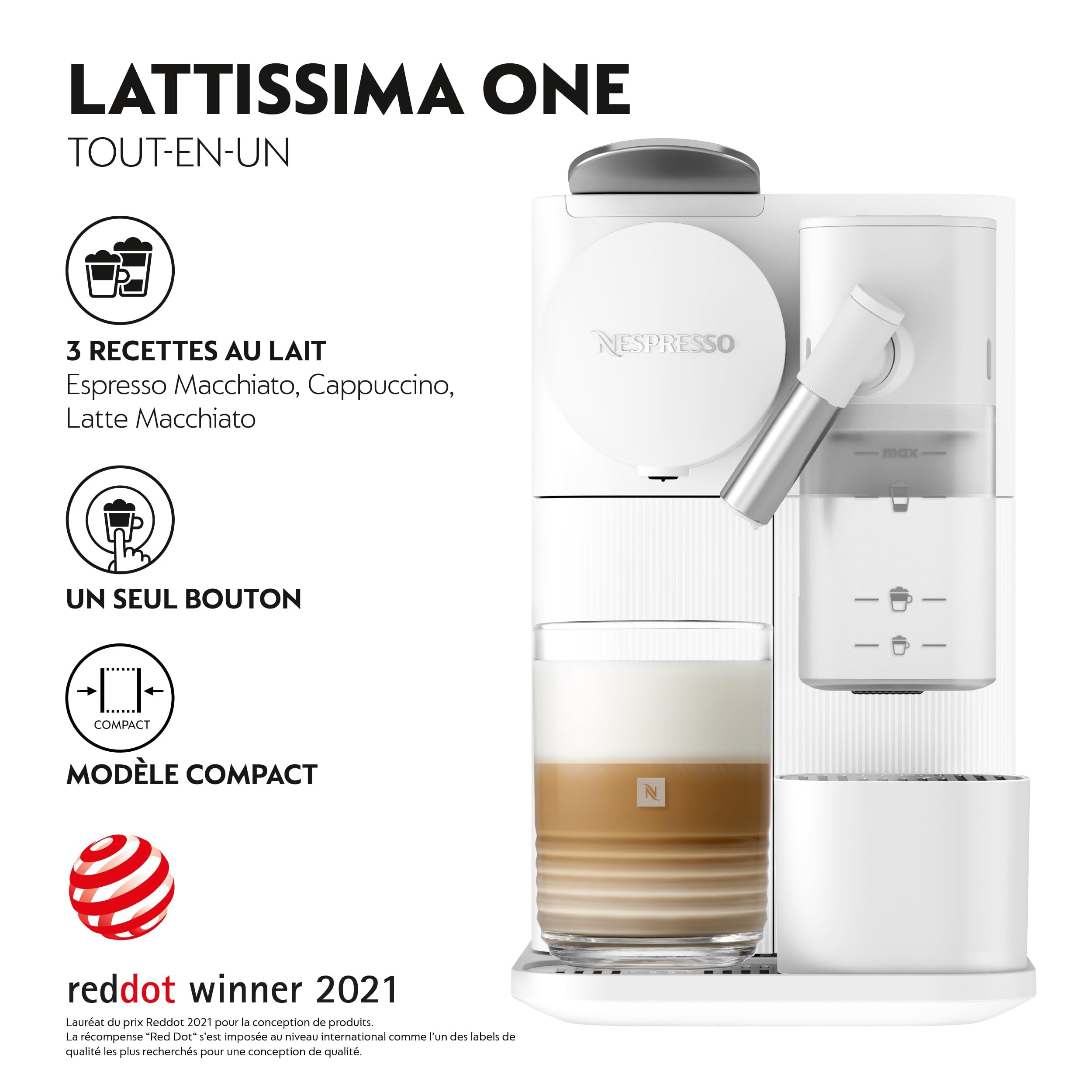 NuvoCafe Machine à café Lattissima One Blanche, 19 Bars + Kit de Bienvenue, Blanc