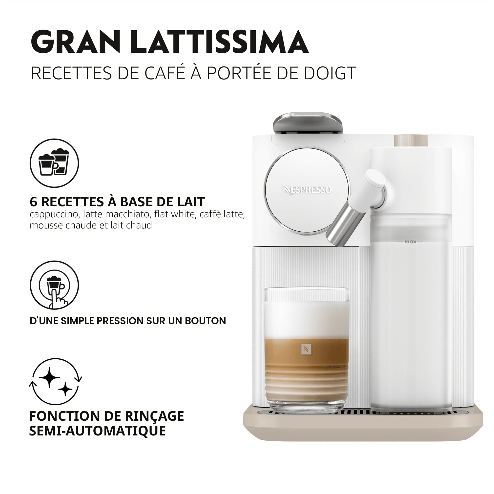 NuvoCafe Machine à café Gran Lattissima Blanche, 19 Bars + Kit de Bienvenue, Design Compact, Expresso, Lungo et Recettes Lactées, Arrêt Automatique, Blanc