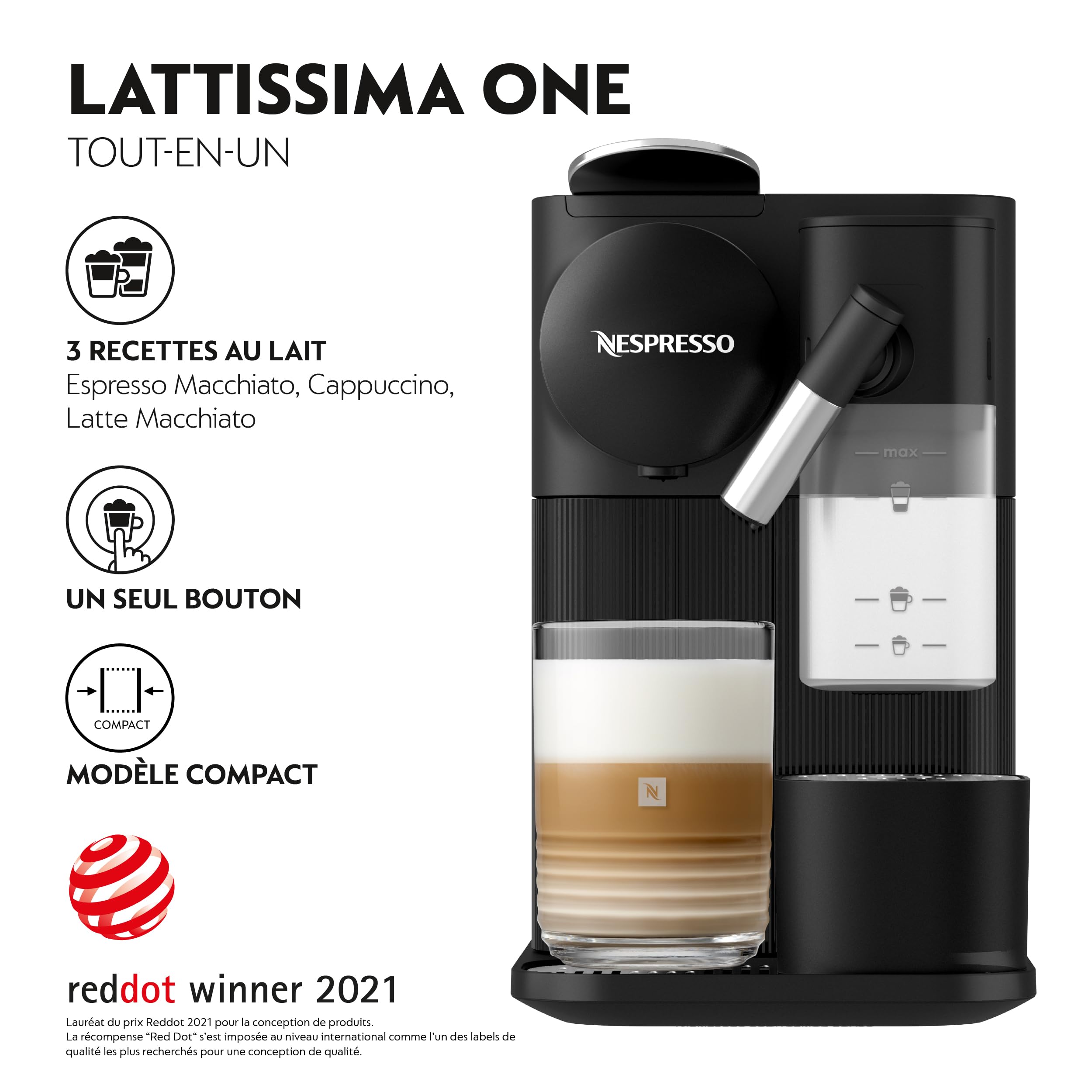 NuvoCafe Machine à café Lattissima One Noir, 19 Bars + Kit de Bienvenue, Design Compact, Expresso, Lungo et Recettes Lactées, Arrêt Automatique, Noir